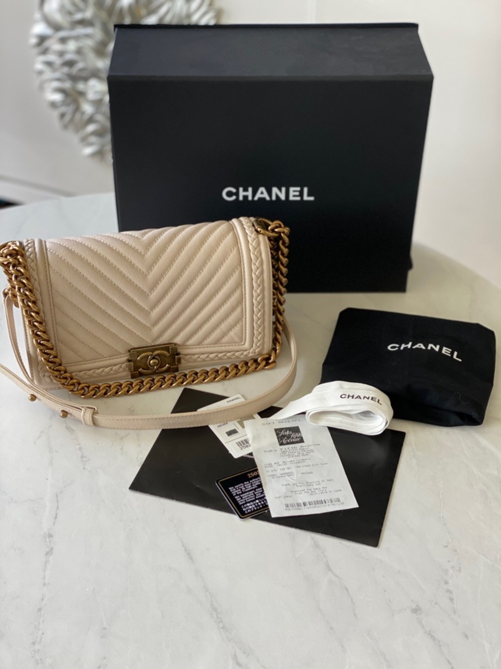 CHANEL “New Medium” Chevron Shoulder Bag in Beige with Antique Gold Chain